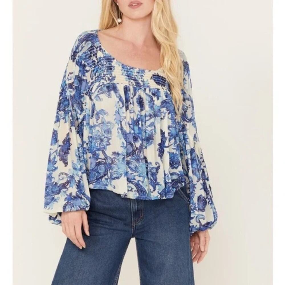Free People Up For Anything White Blue Floral Smocked Long Sleeve Blouse